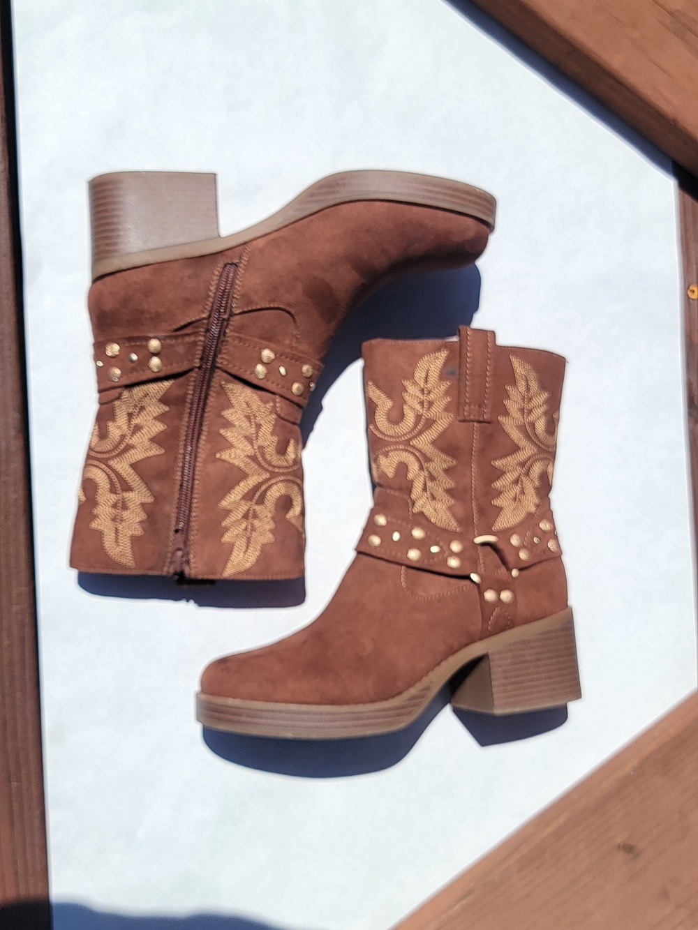 Sun + Stone Rust Brown Suede Studded Western Mid-Calf Boots - Picture 5 of 10